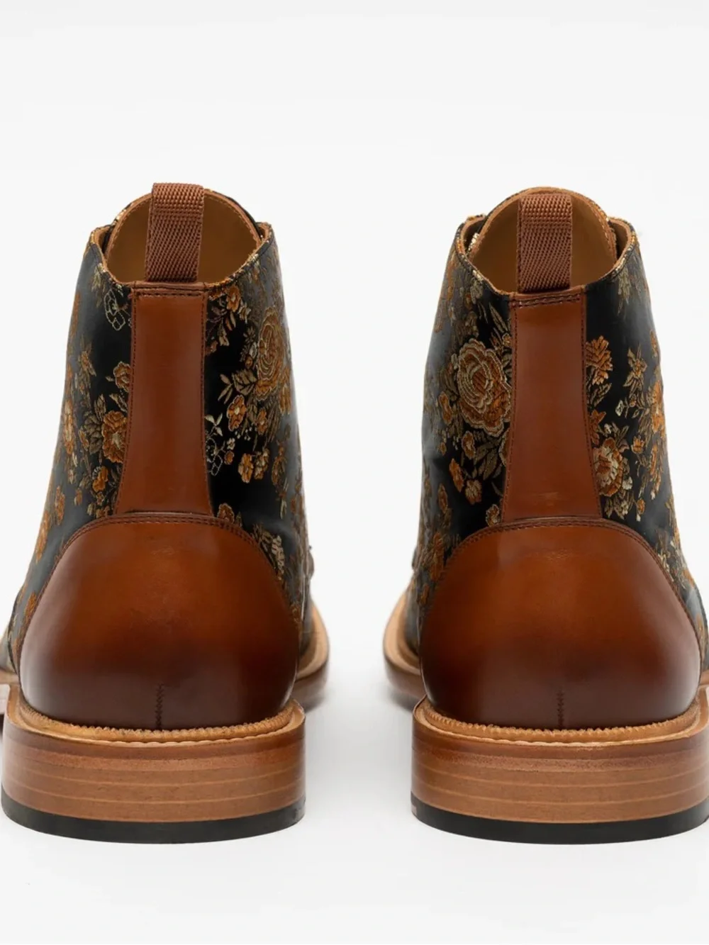 Taft Black Floral Brocade Chukka Boots with Brown Leather Accents